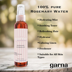 Rosemary water bottle, clear plastic, amber liquid, pink label with garna text