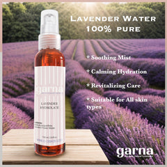 Lavender Hydrolate bottle with clear, orange liquid and white label, Garna brand