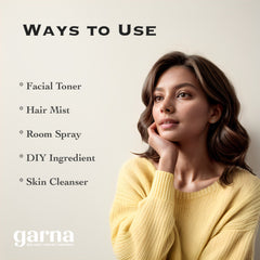 Woman wearing yellow sweater, brown hair, and text "WAYS TO USE" with skincare uses listed, garna logo