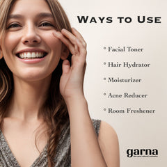 Woman smiling with long brown hair wearing gray top, text "Ways to Use" and garna logo