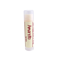Lip balm tube with Amaretto label and clear cap, Blue Poppy Bath & Body brand