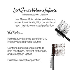 Mascara product with black and brown brush strokes, LashSense VolumeIntense text visible