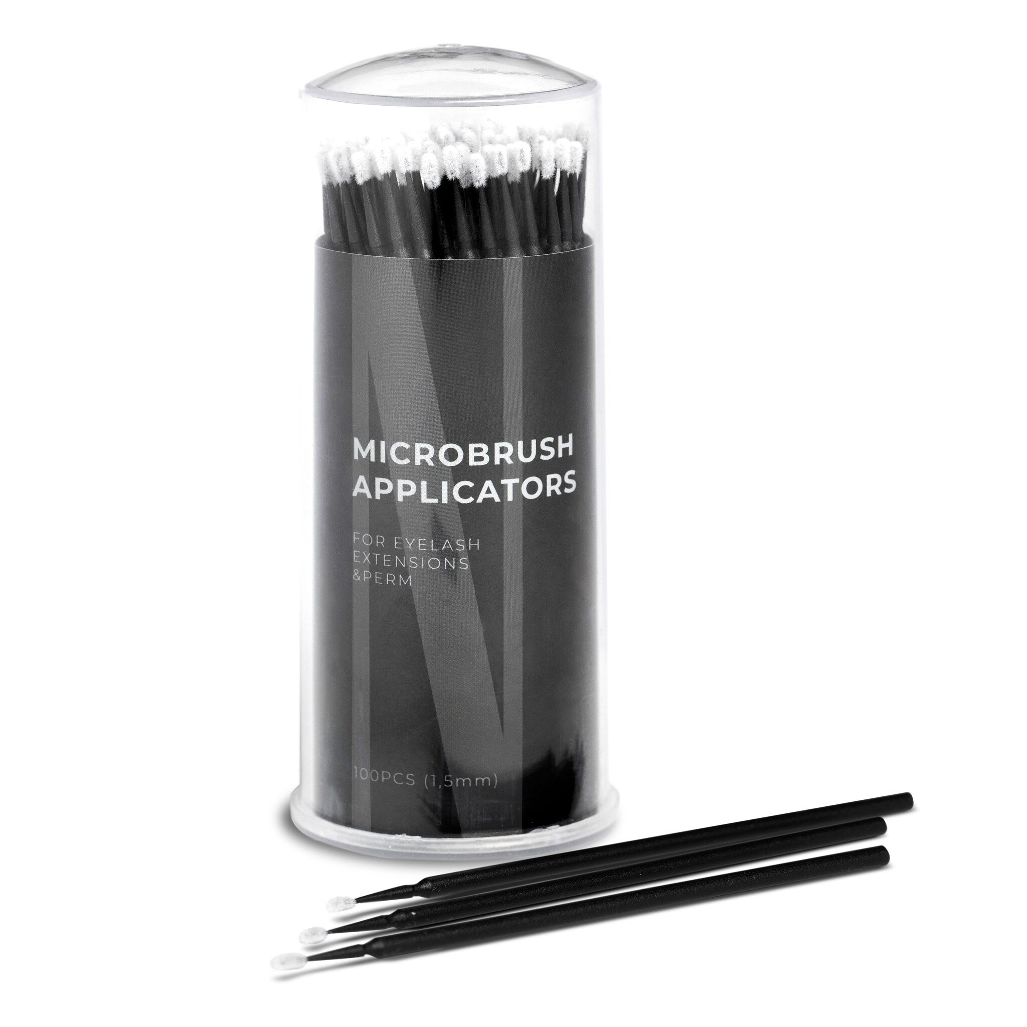 Microbrush applicators, black plastic sticks with white tips, in a clear container, Nanolash text visible