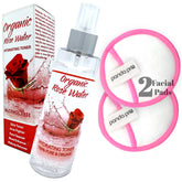 Rose water toner mist bottle with clear glass, red rose graphic, and white label, plus panda pro facial pads with pink trim