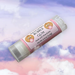 Lip balm tube with pink label, clear plastic, and bubble gum graphic