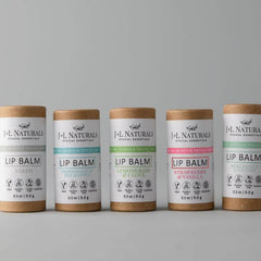 Lip balm set with cardboard tubes, various color labels, and J&L Naturals branding