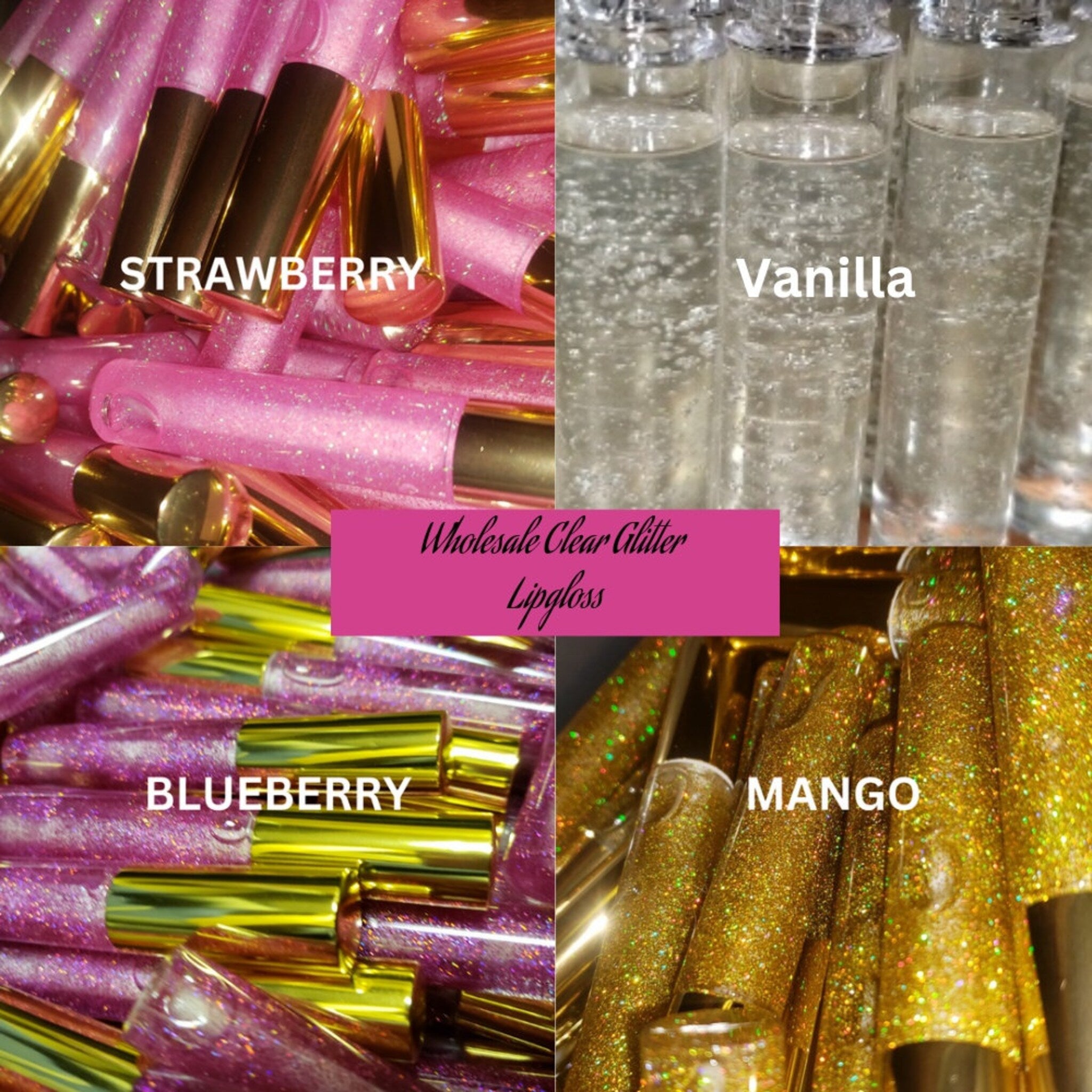 Lip gloss set with clear tubes, glitter, and gold caps, labeled Wholesale Clear Glitter Lipgloss