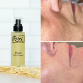 Facial Cleanser bottle with black pump, yellow liquid, and Rebel Skincare label next to skin comparison