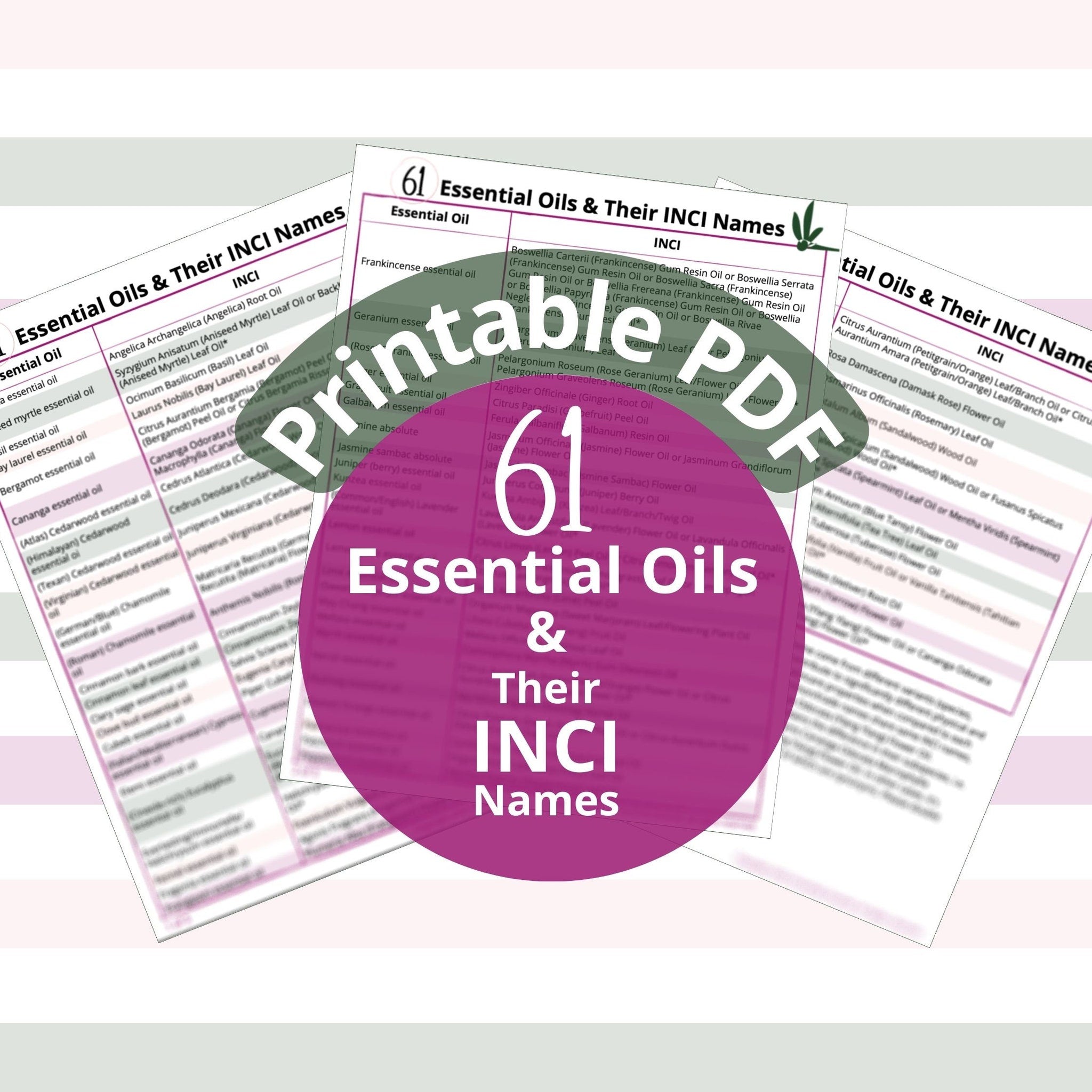 Essential oils chart with pink and white text, Gracefully Gnarled Ella brand, printable PDF format