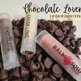 Lip balm variety pack with clear tubes, chocolate chips, and Balm Squad logo