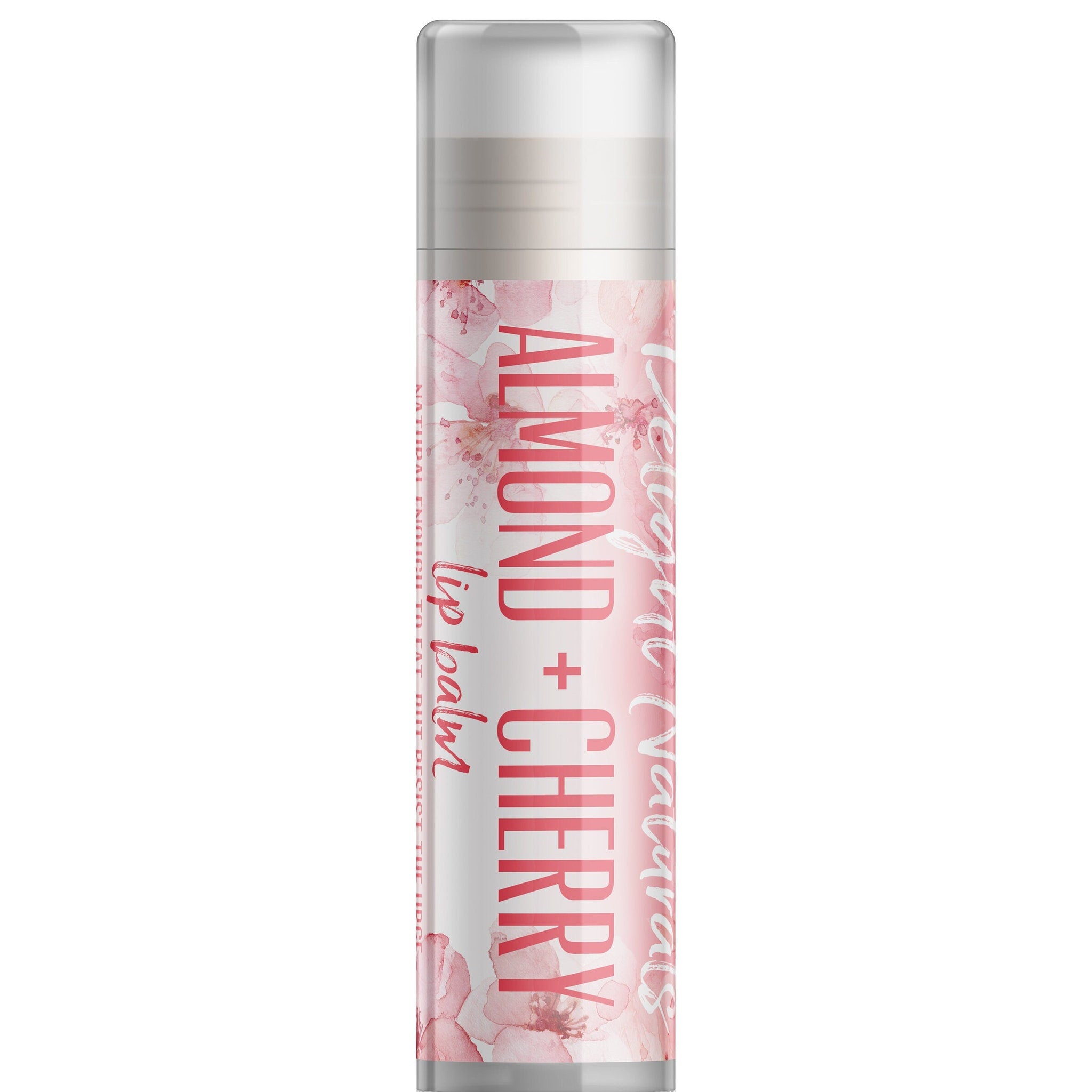 Lip balm tube with pink floral pattern, white and silver cap, Delight Naturals text