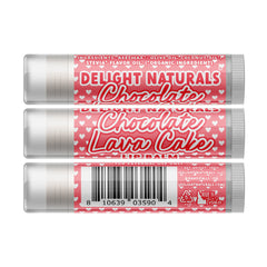 Lip balm with red and white patterned label, Delight Naturals brand, and white tube