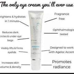 Eye cream tube, white and silver, with Nu Skin and DealeEyes text, for eye care