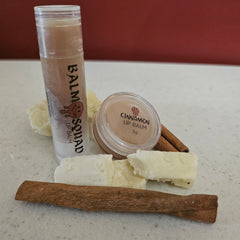 Lip balm in clear tube and jar with brown cinnamon sticks and white blocks