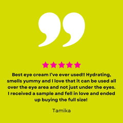 Eye cream review with white quote bubbles, pink star rating, and yellow background.