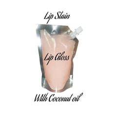 Lip gloss in clear pouch with pink tint and text "Lip Stain" and "Lip Gloss