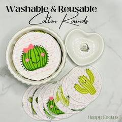 Cotton rounds with green cactus print, pink polka dot pattern, and white fabric, Happy Cactus brand