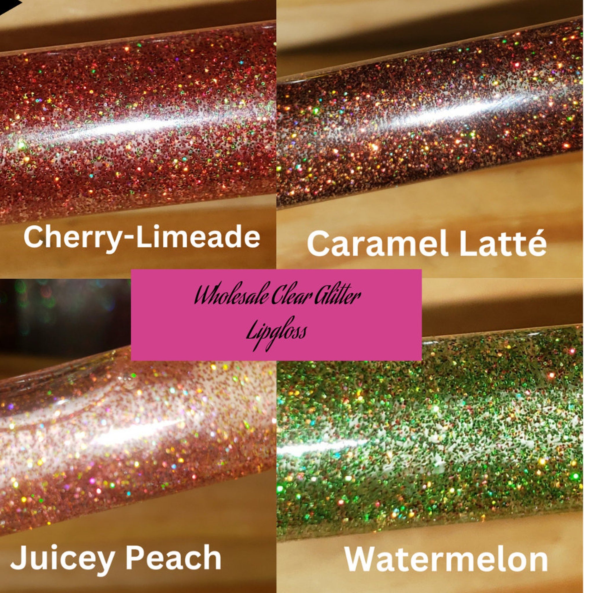 Clear glitter lip glosses with red, brown, green glitter, in tubes, for lip makeup