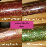 Clear glitter lip glosses with red, brown, green glitter, in tubes, for lip makeup