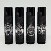 Lip balms, black tubes with white illustrations, gothic style design