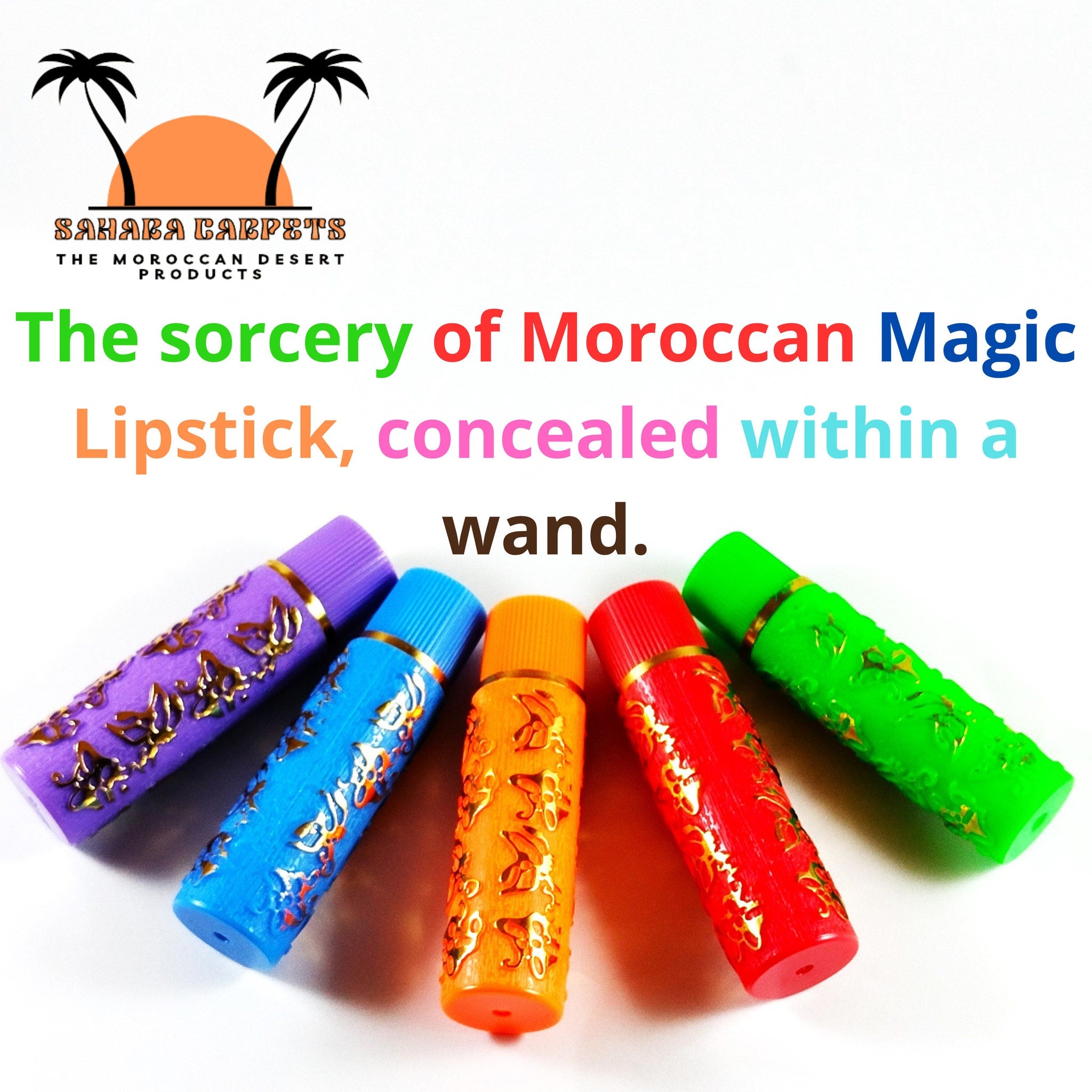 Lip Makeup: Colorful lipstick tubes with gold pattern, Moroccan Magic brand visible