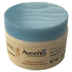 Eczema relief balm jar with blue lid, beige label, and Aveeno brand text visible