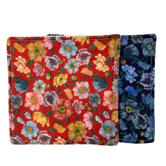 Floral fabric coasters, red and navy blue floral pattern, square shape with white stitching