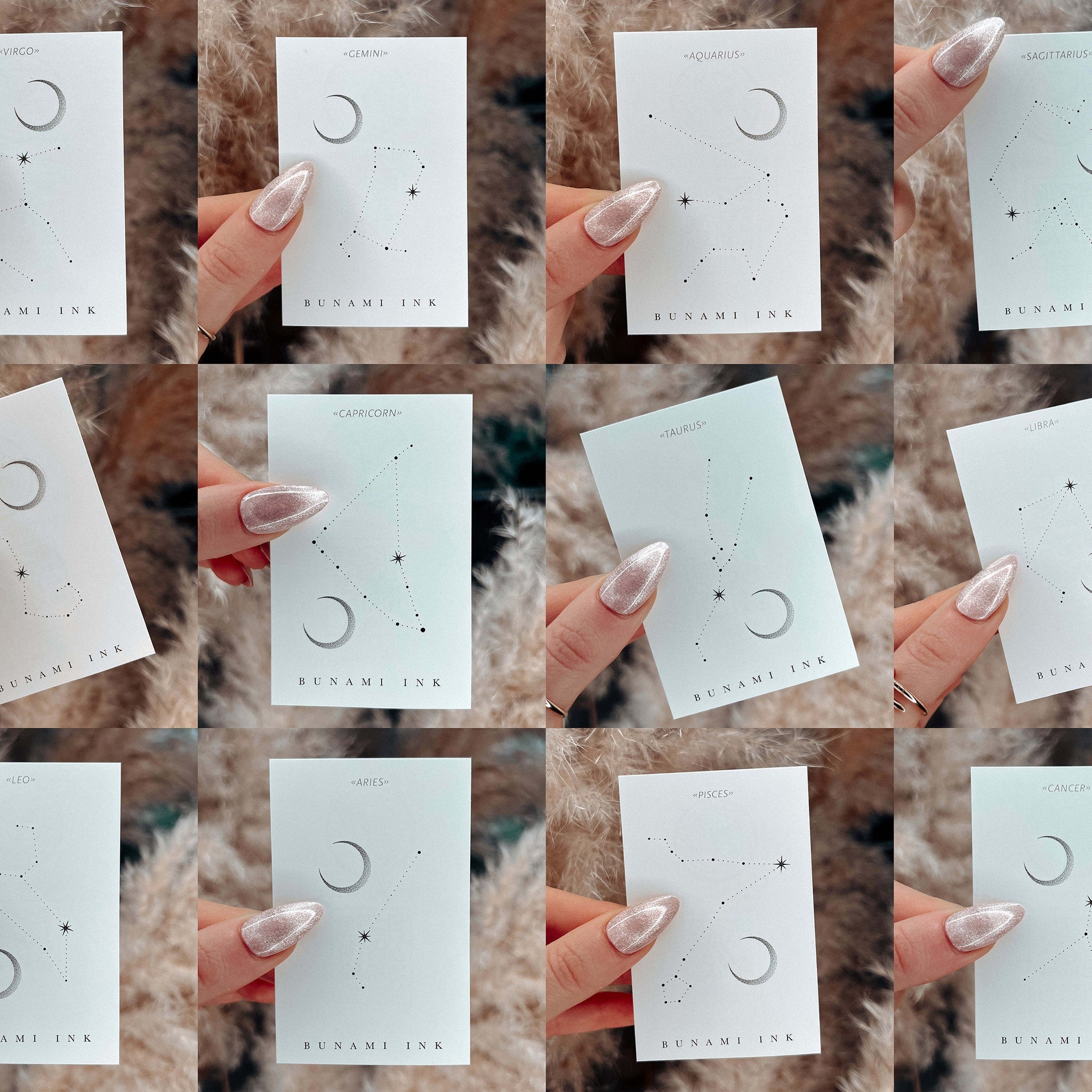 Twelve sleek skincare bottles arranged in a circle, each labeled with a zodiac sign and month, featuring minimalist design