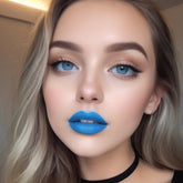 Lip gloss, matte blue lips, blonde hair, woman wearing lipstick