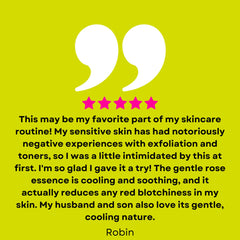 Customer review with white quotation marks and pink star rating on yellow background