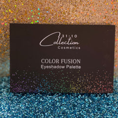 Eyeshadow palette with black packaging, white text, and "Collection" brand name on a glitter background.