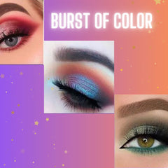 Eye makeup examples with red, blue, and green eyeshadow, showing application techniques