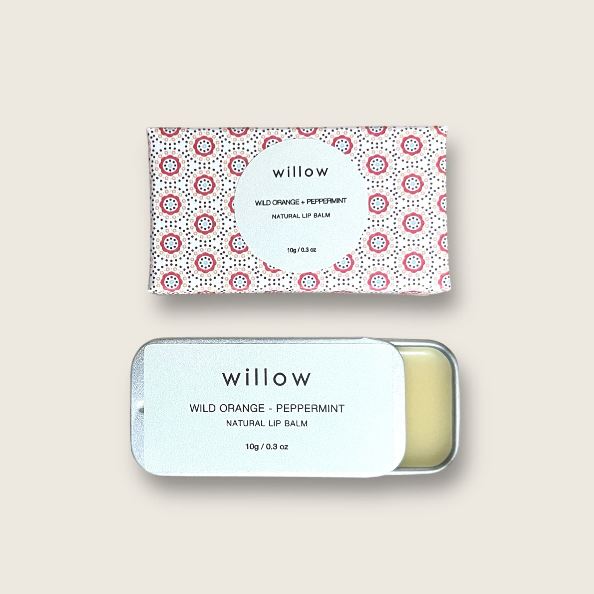 Lip balm in metal tin with patterned box, Willow Tree Lane brand visible