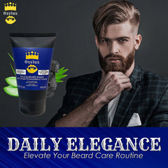 Face and beard wash tube, blue and black, with Oxylux branding, held by a man in a plaid jacket.
