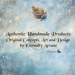 Eternally Arcane handmade products with blue and gold accents on a light blue background, with text.