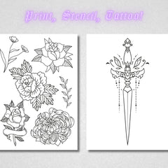Close-up of printable tattoo stencil sheet with intricate floral design for skin art application