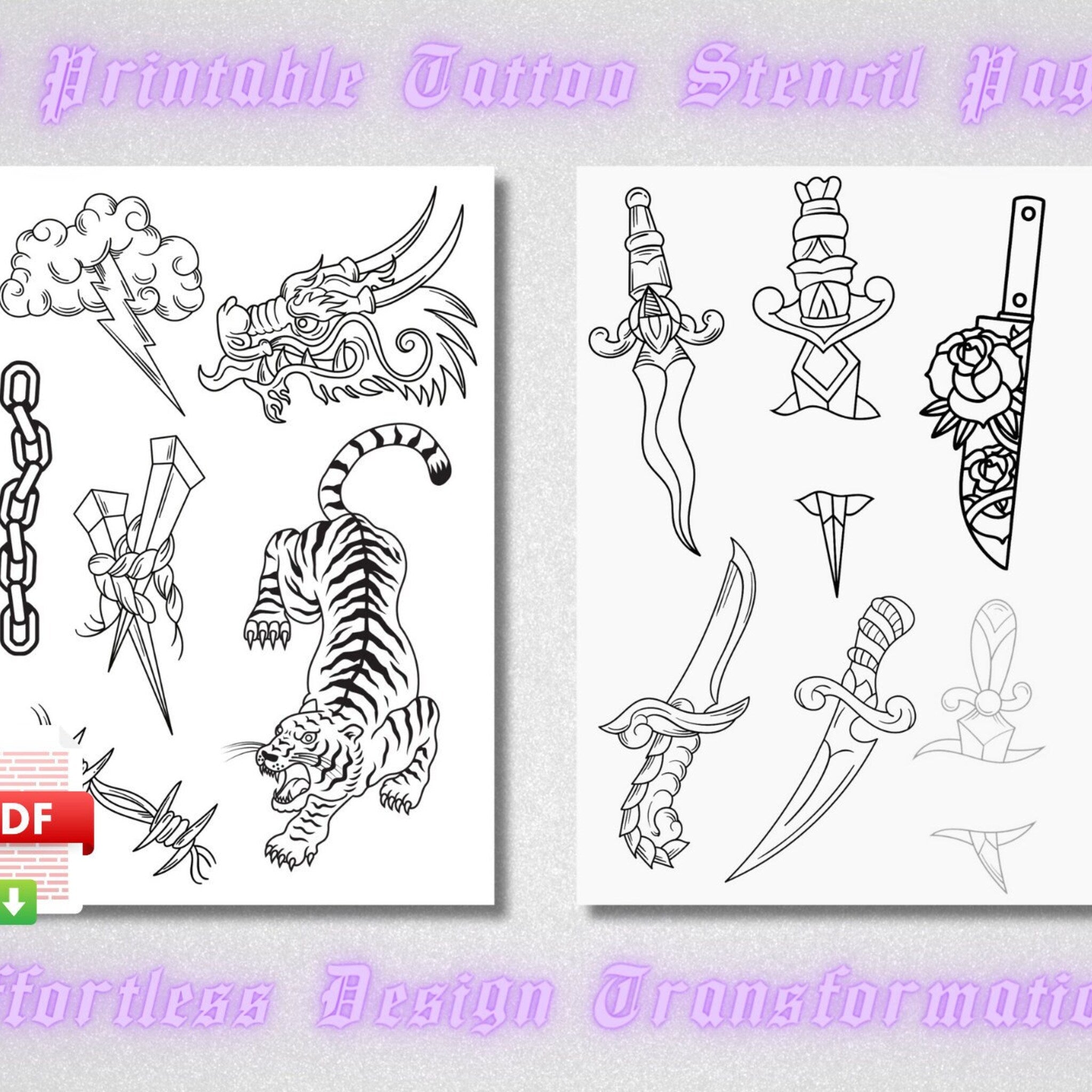 Ten printable tattoo stencil sheets with minimalist designs for skin art application