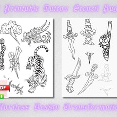 Ten printable tattoo stencil sheets with minimalist designs for skin art application