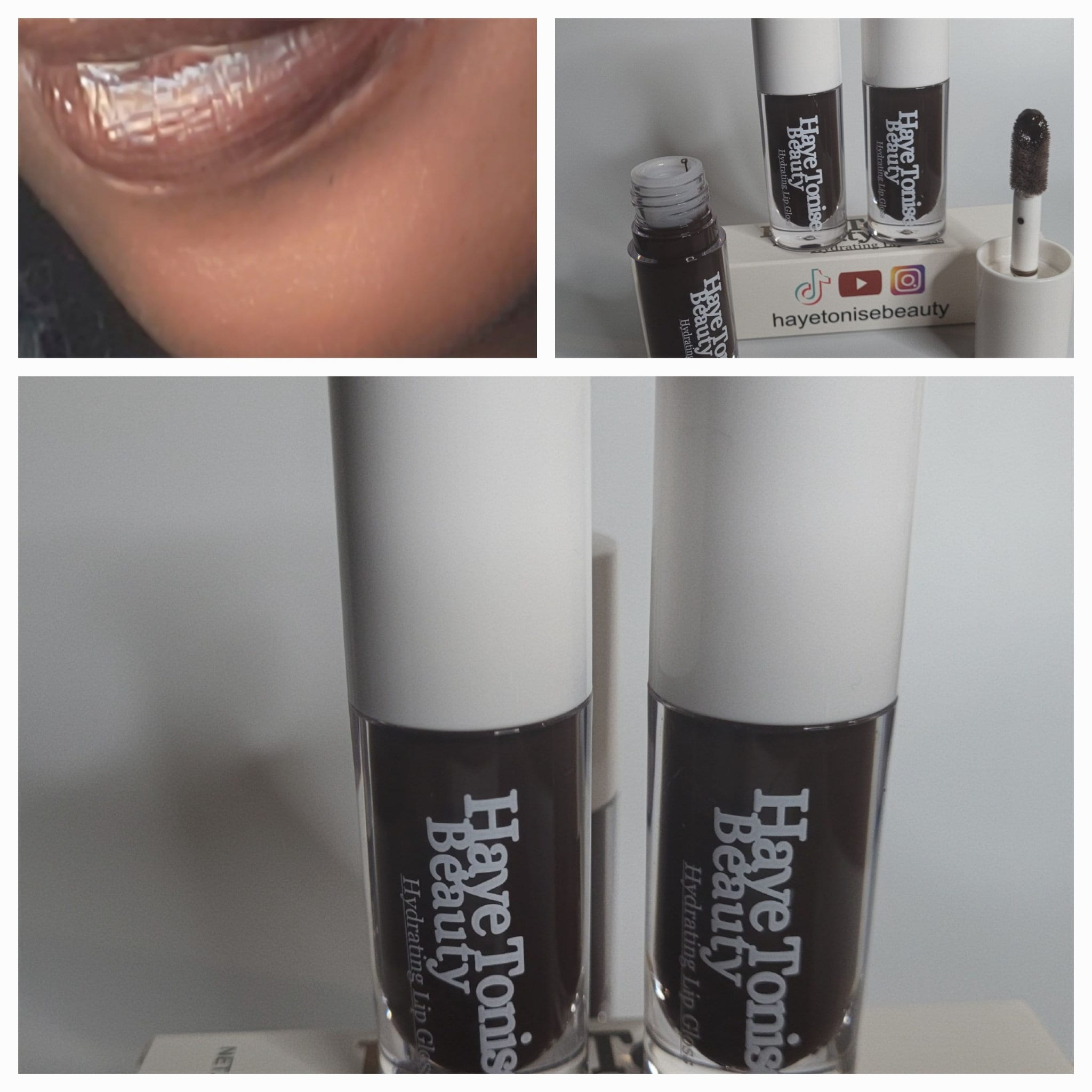 Lip gloss tubes with dark brown liquid, white cap, and Haye Tonise Beauty label