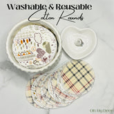 Face pads with various patterns, white, beige, and plaid, in a white bowl