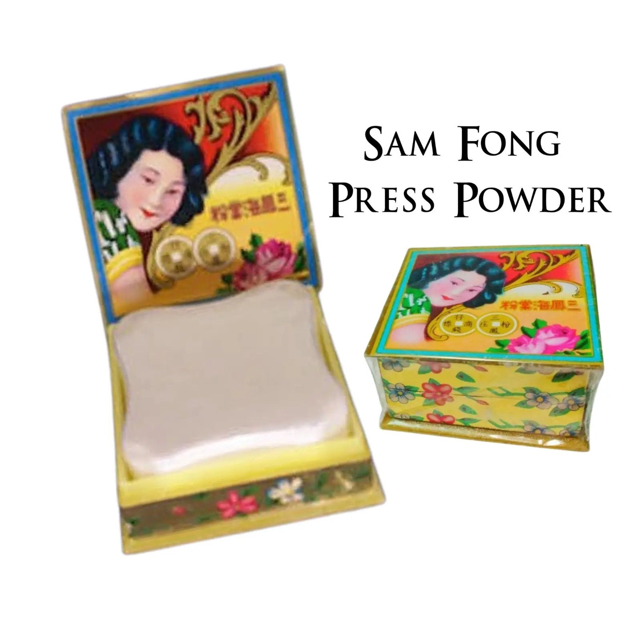 Face makeup powder, Sam Fong brand, yellow floral box with woman's image, open showing powder inside