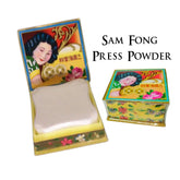 Face makeup powder, Sam Fong brand, yellow floral box with woman's image, open showing powder inside