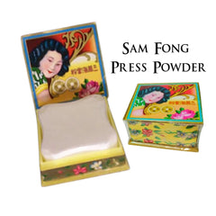 Face makeup powder, Sam Fong brand, yellow floral box with woman's image, open showing powder inside