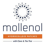 Hydrocolloid patches logo with blue and white circular design, orange text box, Mollenol brand name