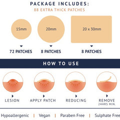 Acne patches in various shapes and sizes, beige color, with application instructions shown