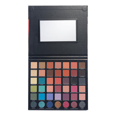 Eyeshadow palette with multiple colors, black case, and a built-in mirror for makeup application