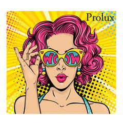 Pop art illustration of woman with pink hair, yellow sunglasses, and "WOW" text, Prolux brand name visible