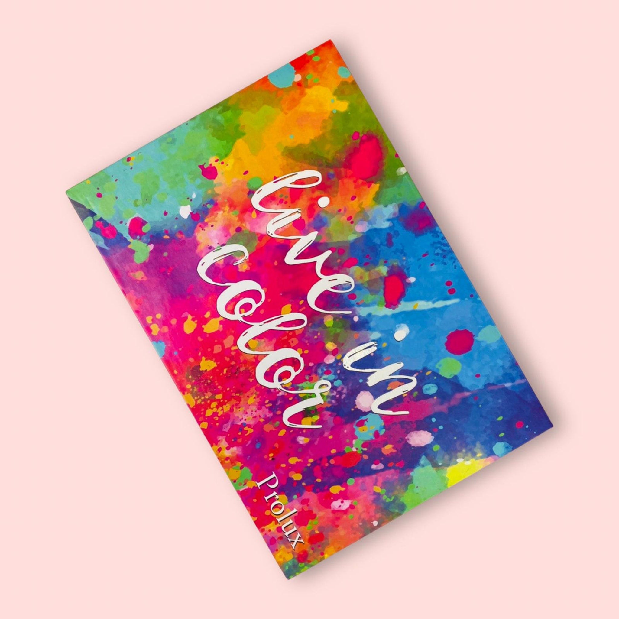 Eyeshadow palette with colorful watercolor pattern, Prolux brand text, and Live in Color title