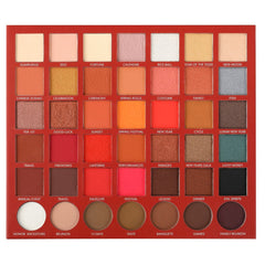 Eyeshadow palette with red, orange, and brown shades, various textures, and square pans