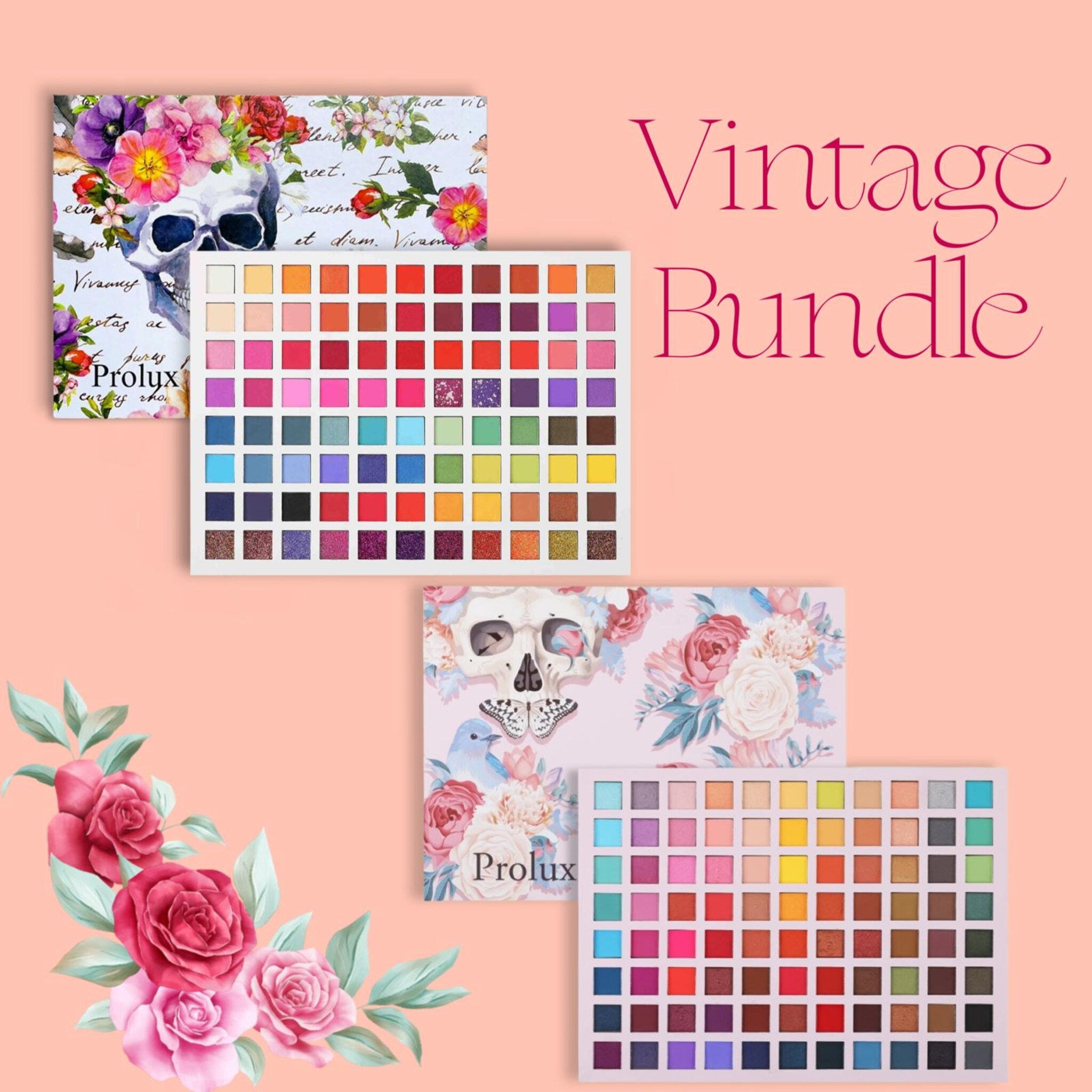 Vintage eyeshadow palette with six matte and shimmer shades in warm neutrals, displayed open on marble surface